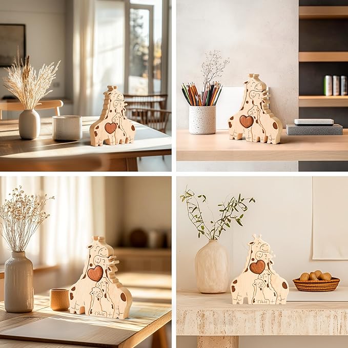 Wooden Giraffe Family Puzzle Games, Personalized 3 Name Puzzle for Home Crafts Decor, House Warming Birthday Party Gifts for Mom Dad Grandma Kids New Baby, Wooden Bear Family
