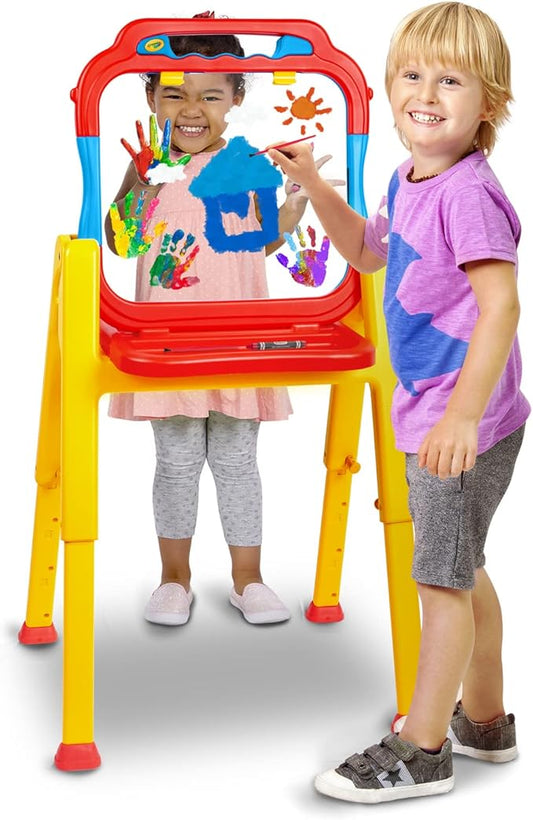 Crayola Triple-The-Fun See-Thru Easel, Finger Painting, Dry-Erase Crayon, Markers, and acrylics, Adjustable Height, Easy fold Storage, Comprehensive Art Accessories, Ages 3+