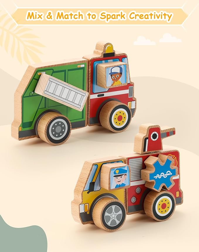 SainSmart Jr. Emergency Vehicle Toys Snap & Take-Apart, Wooden Car Toys for Toddlers, Including Play Police Car, Fire Truck, Garbage Truck, Ambulance - Montessori Gifts for Preschool Children