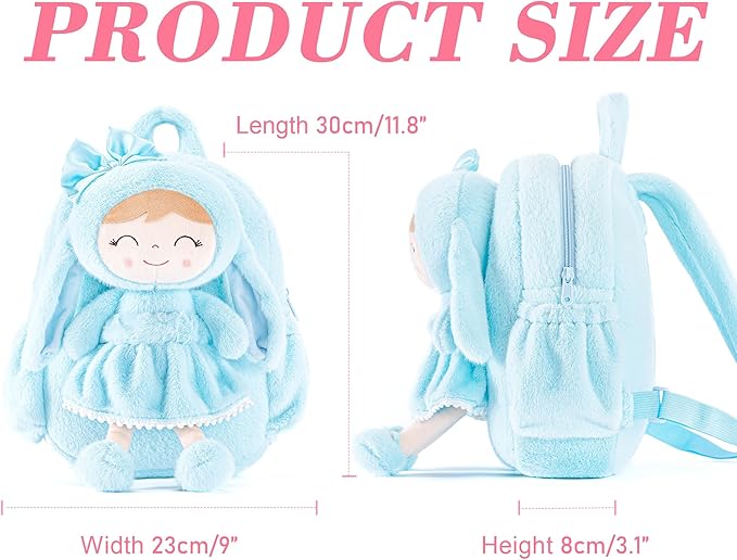 Gloveleya Back to School Gifts for Girls Toddler Backpack Kids Backpack Baby Girl Gift Plush Bag with Pure Blue Rabbit Doll 11 Inches Aged 2+