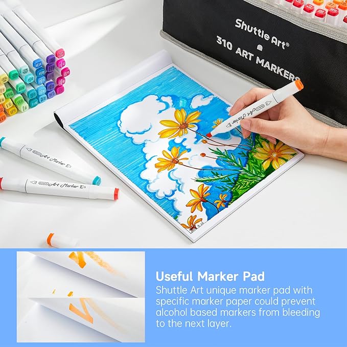 Shuttle Art 310 Colors Alcohol Markers, 309 Colors Dual Tip Art Marker Set Plus Colorless Blender, Micro-tip Pens, White Highlighter Pens, Marker Bag with Holders Perfect for Students Adults Coloring
