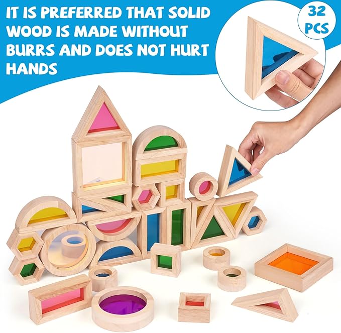 Wooden Rainbow Building Blocks for Kids 32 Pcs Rainbow Stacker Stacking Blocks Game Colorful Construction Toys Preschool Learning Educational Toys -Geometry Wooden Blocks for Boys & Girls