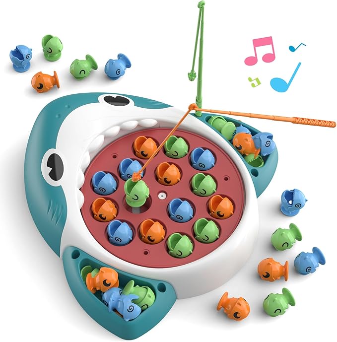 Musical Shark Fishing Game for Kids, 360° Rotating Board, 20 Fish with 3 Rods,Hook Fishing Set for Toddlers，Educational, Fine Motor Skill Activity for Boys and Girls