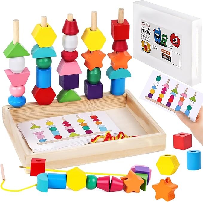 LovesTown Beads Sequencing Toy Wooden Stacking Montessori Toys for Kids Coordination and Educational Preschool Learning Toy