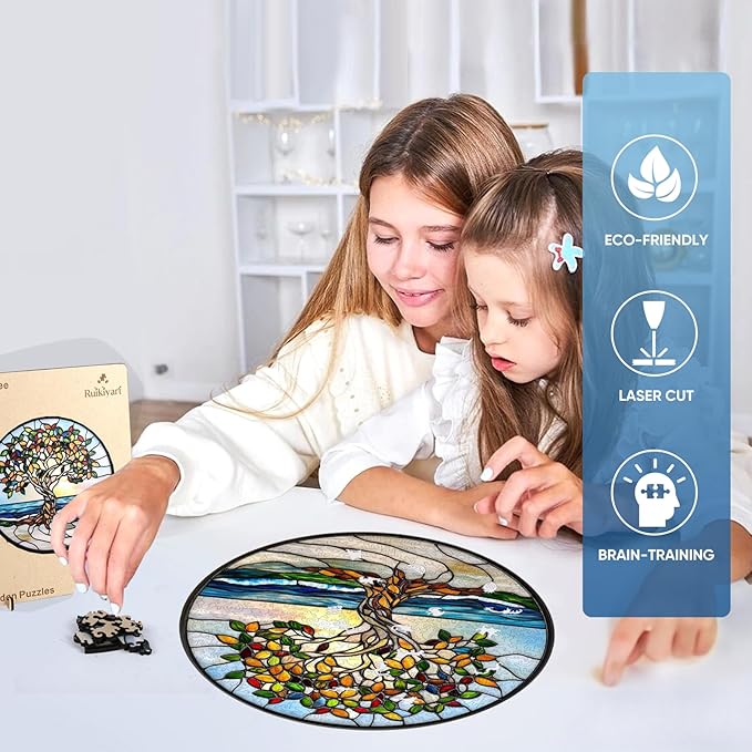 Ruikiyart Wooden Puzzles for Adults, 5MM 200 Pieces Coast Tree Wooden Jigsaw Puzzles, Tree of Life Puzzle Unique Shaped for Adults and Kids on Birthday, Christmas Family Puzzle Games (11.2"*11.2")