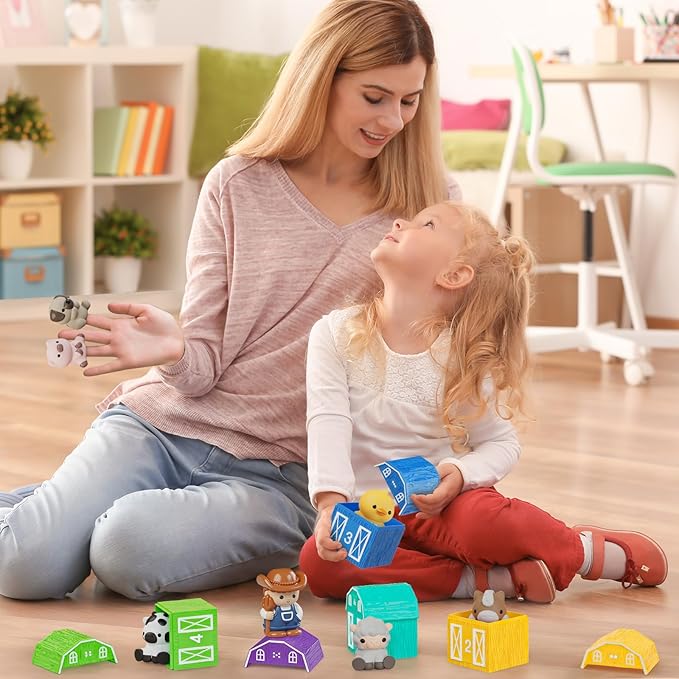 Learning Toy for Toddlers 1 2 3+ Years Old, 20 PCS Farm Animal Barn playset & Finger Puppets, Montessori toys for Kids,10 Animals & 10 Barns for Babies Boys Girls Easter Christmas Birthday Gift