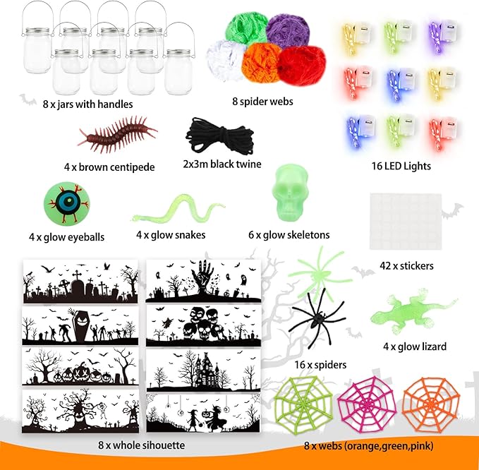 Shemira Halloween Craft Kit for Kids,8 pcs Glass Mason Jar with Accessories for DIY Lantern Jar, Halloween Art & Craft Party Supplies, Halloween Art Activities, Crafts and Arts Party Supplies