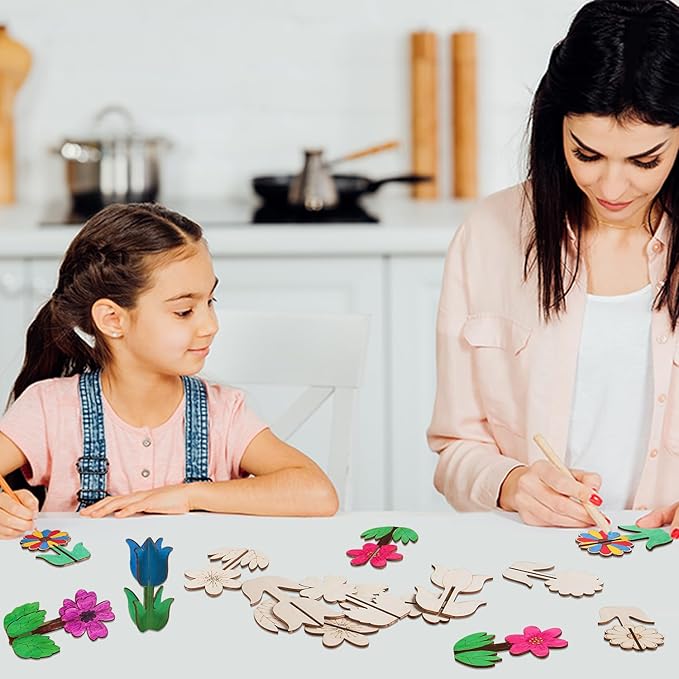 DIY 3D Flower Spring Wood Crafts to Paint, Spring Unfinished Wooden Slices for Craft, Flowers Ornaments for Painting Decorations (32 PCS)