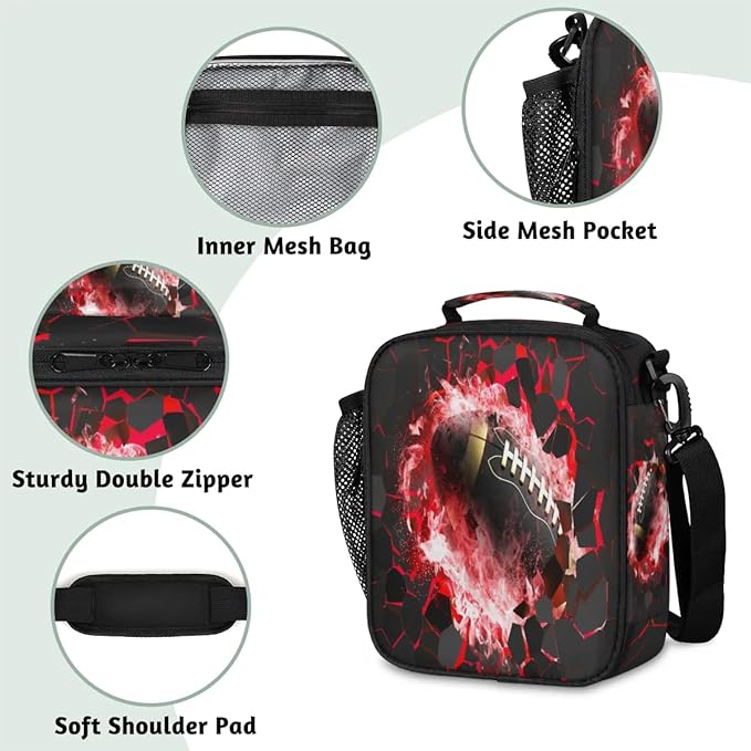American Football Lunch Box for Boys Insulated Lunch Bag Reusable Portable Lunchbox with Adjustable Shoulder Strap and Water Bottle Holder for Work School Travel