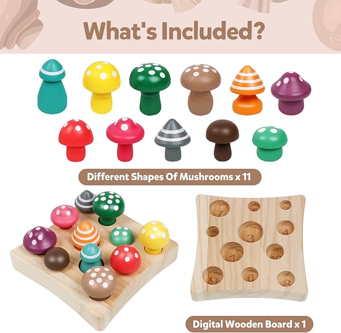 Toddler Toys,Montessori Wooden Sensory Early Educatioanl Learning Fine Motor & Shape Sorter Toy,Matching Games with Mushroom Puzzle,Fun Easter Basket Stuffers Birthday Gift for Boys Girls
