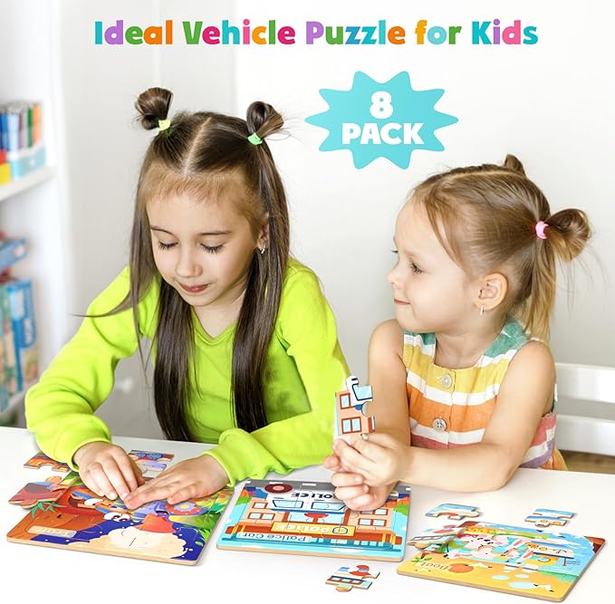 Wooden Puzzles for Toddlers, 8 Pack Vehicle Jigsaw Puzzles for Kids3-5, 9 Pieces Preschool Learning Activities, Learning & Educational Toys, Gift for Boys, Girls