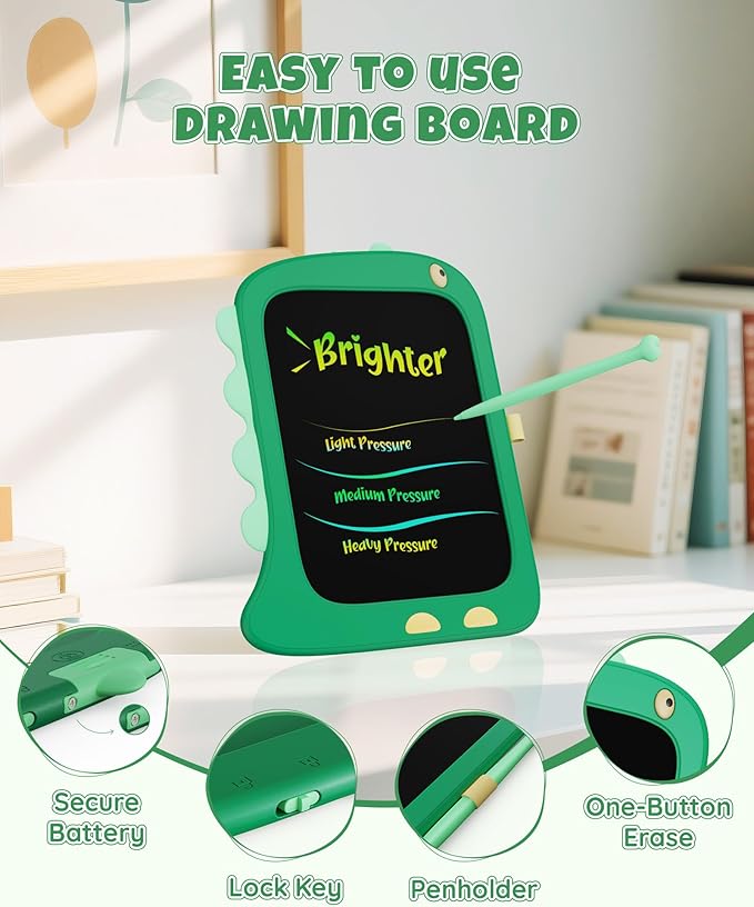 Kikapabi LCD Writing Tablet, Dinosaur Toys Gifts for Boys Age 3 4 5 6 7 Year Old, 8.5inch Colorful Doodle Board Pad for Kids, Birthday Toddler Toy Age 3-7 Portable Travel Drawing Green