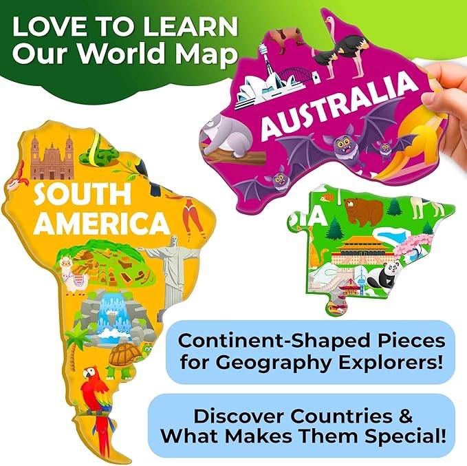 QUOKKA World Map Puzzles for Kids Ages 4-6 - 70 Pcs Floor Puzzles for Kids Ages 4-8 Preschool Activities - Includes 50 Cards with 400+ World Facts - Continent-Shaped Jigsaw Puzzle Gift for Girls Boys