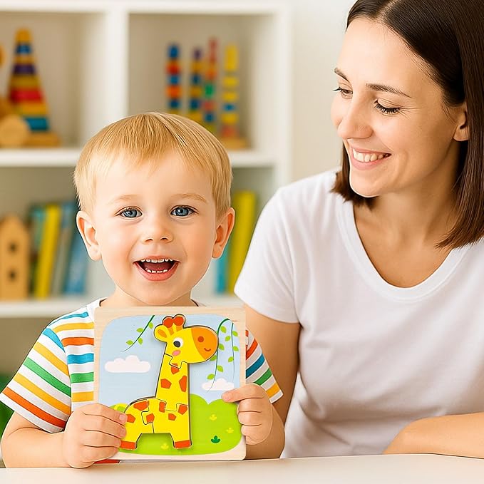 LovesTown Montessori Wooden Puzzles for Toddlers Kids Educational Animal Jigsaw Toys Preschool Learning Colors Shapes Cognition 6 Pack