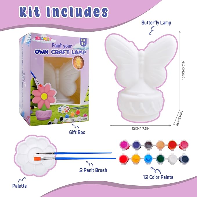 ASIOWELY Paint Your Own Butterfly Lamp Kits,Arts and Crafts Supplies for Kids Toys Ages 4-6-8-12,DIY Art Night Light Painting for Girls Ages 5-10,Birthday Gifts for 3-12+ Year Old Toddler Teens Adults
