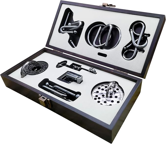 8-Piece 3D Metal Puzzle Box & IQ Test Kit | Brain Challenge w/Wooden Case | Enhance Focus & Hand-Eye Coordination | Sleek Black Geometric Puzzle for Adults & Teens