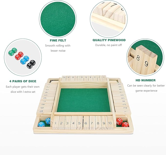 Shut The Box Dice Game,Wooden Board Table Math Game for 1-4 Players,Classic Family Game with 12 Dices for Kids Adults Pub Classroom or Home(12 Inches)