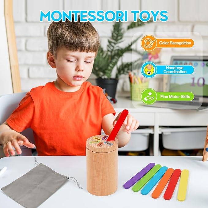 Montessori Toys for 1-3 Year Old, Fine Motor Skills Toys for 2-3 Year Old Wooden Color Sorting Stacking Toy for 18 Month+ Old Boys Girls Educational Gift for 3 4 5 Year Old Kids Birthday