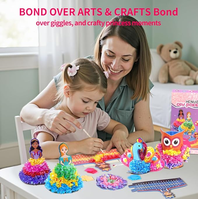 HENUIE Princess Poke Art Kit, Mess-Free 3D DIY Craft, 7 Royal Stand-Alone Figures for Display & Pretend Play, Educational Activity & Gift for Girls & Boys, Ages 4-9