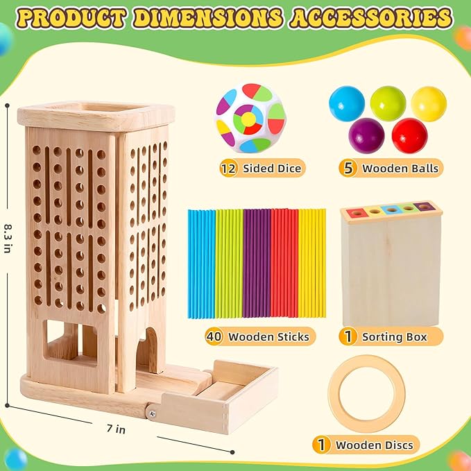 Montessori Wooden Board Games for Kids 3-8 Years: 40 Colorful Wooden Sticks 12-Sided Dice Game Math Educational Toys, Fine Motor Skills Toys for 5 Year Old, Family Games for Kids and Adults