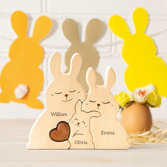 Baby Bunny Family Puzzle, Personalized Wooden Puzzles with 2–5 Names, Rabbit Toys Easter Anniversary Wedding Gifts for Women Men, Easter Decorations Housewarming Gifts for Family Couple