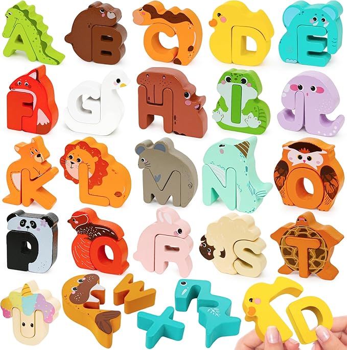 Wooden Alphabet Matching Game, ABC Animal Puzzle Board for Toddlers, Montessori Sorting Blocks Board Toy, Preschool Jigsaw Puzzle for Early Learning, Educational Gift for Kids Boys Girls Ages 3-5