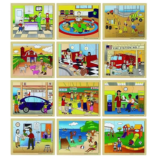 Excellerations Wooden Community Jigsaw Puzzle 9-1/2 inches L x 11-1/2 inches W for Children, 8-12 Piece Puzzles, Set of 12 Puzzles, Preschool