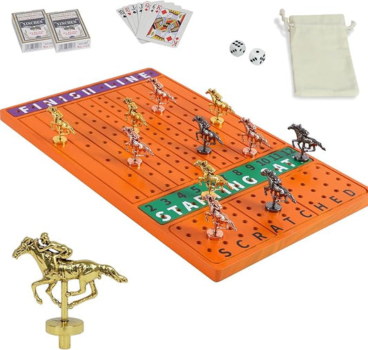 HOROW Horse Racing Board Game Solid Wood Horse Race Card and Dice Board Game Luxury Edition Set with 11 Metal Horses 2 Dices and 2 Boxes of Cards（Rectangle,Red Peach）…