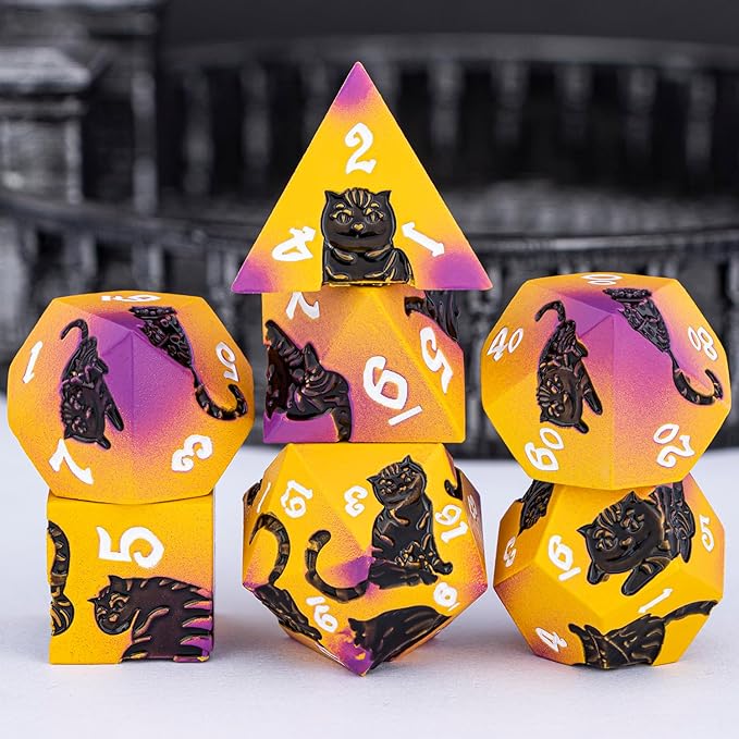 Metal DND Cat Dice 7PCS Polyhedral RPG Dice Set with Gift Case for Dungeons Dragons Role Playing Game, D and D Dice D6 D8 D10 D12 D20 D% (Purple Yellow)