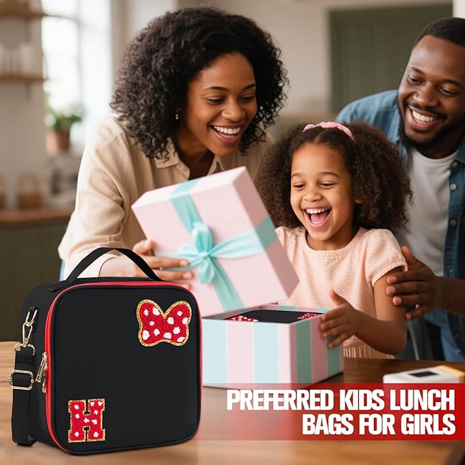 Preppy Initial Bow Mouse Lunch Bag, Kids Insulated Lunch Box Gifts for Teen Girls Daughter, Reusable Soft Lunch Containers Crossbody Cooler Bag Must Haves for Park Travel School Work Picnic Black H