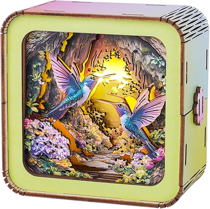 3D Puzzle Nightlight-DIY LED Light Wooden Puzzle-Art Lamp and Craft Kits for Kids and Adults-Birthday Gifts Toys-Home Desk Decor Family Game (Hummingbird)