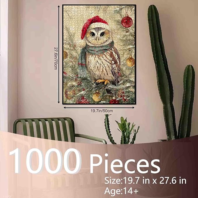Christmas Animal 1000 Piece Jigsaw Puzzles for Adults Owl Wearring Christmas Hat Painting Jigsaw Puzzle 1000 Winter Wonderland Puzzles 20''x27”inch DIY Craft Puzzle Art Wall Decor Family Challenging
