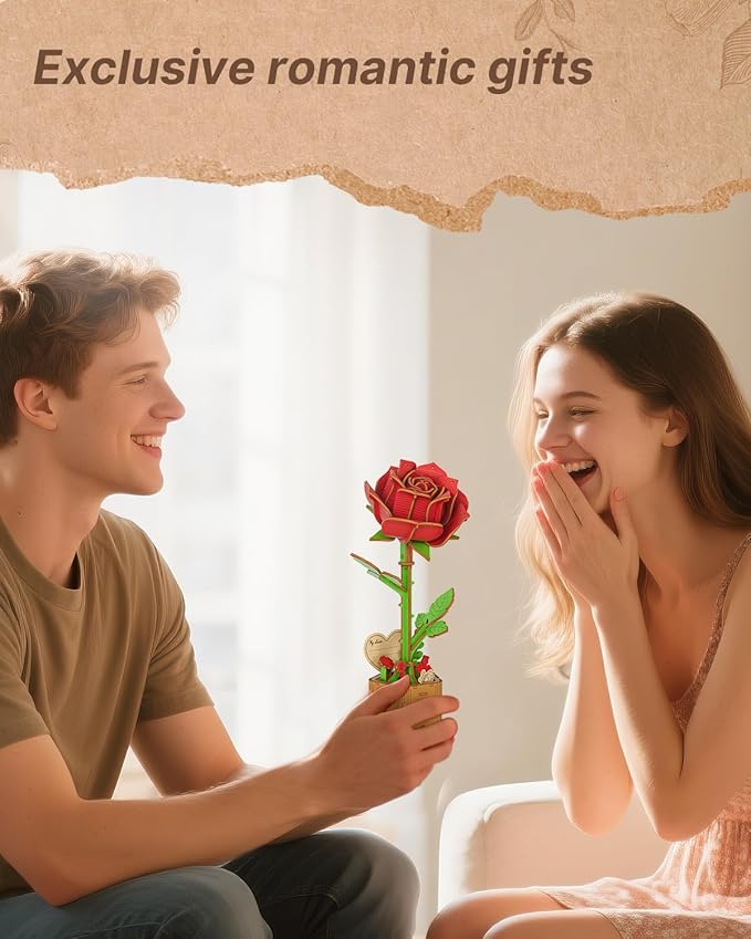 3D Red Rose Wooden Puzzles for Adults, DIY Wooden Flower Craft Kit, Artificial Flowers Model Kit to Assemble for Adults.(3.3 * 3.5 * 8.6in 73PCS)