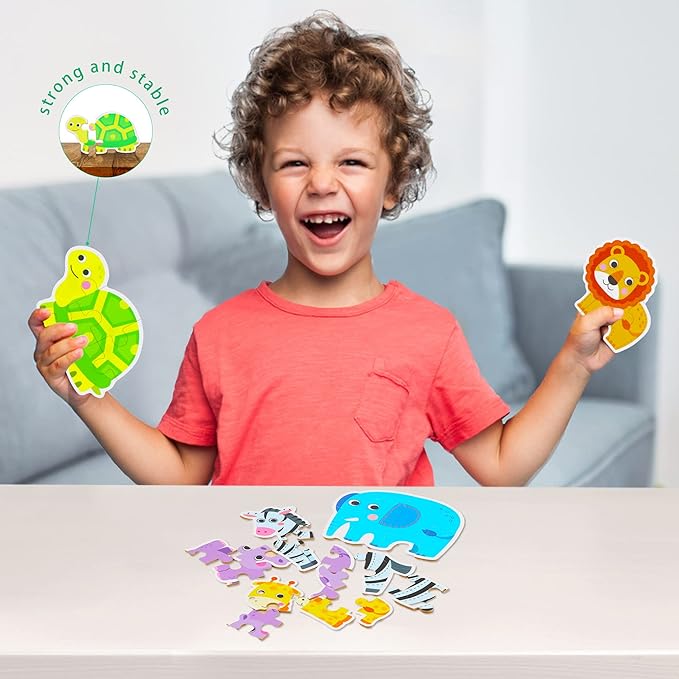 FLYINGSEEDS 6 Packs Safari Animals Shaped Wooden Jigsaw Puzzles for Toddlers Ages 1-3, Level-up Puzzles for Beginner, Montessori Learning Toys Preschool Educational Activity for Kids Ages 2-5