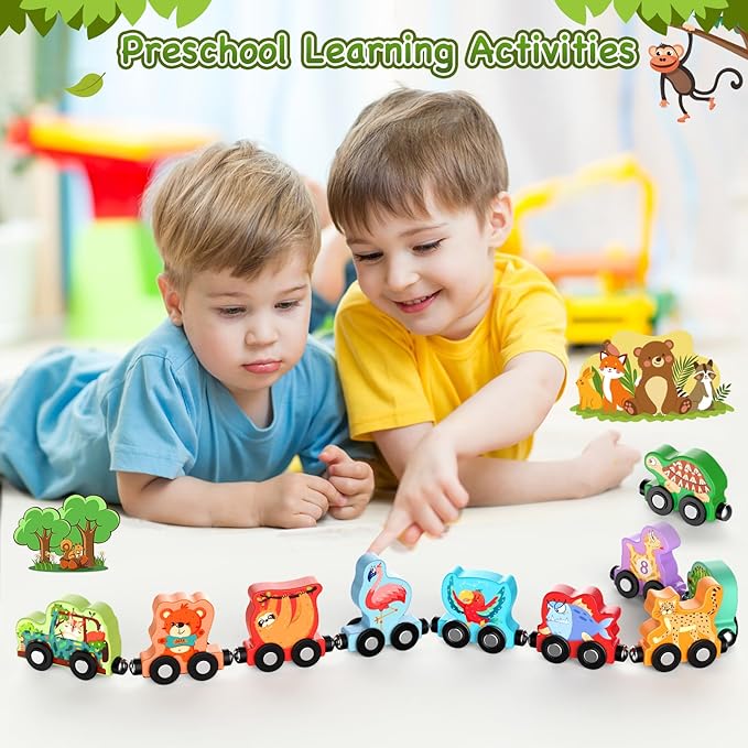 Toys for Toddlers, 11 Magnetic Wooden Animals Train Set, Montessori Toys for Toddlers, Learning Activities, Sensory Activities for Kids, Birthday Gifts for Boys, Girls