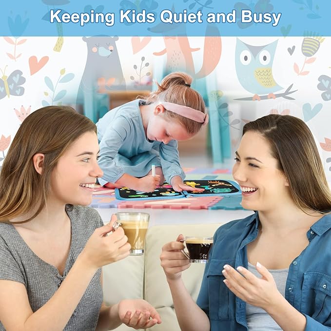 Erasable Doodle Set for Kids - Reusable Magic Drawing Book with 12 Watercolor Pens 14 Page Drawing, Road Trip Car Game Writing Painting Set for Boys and Girls (Blue Zoo)