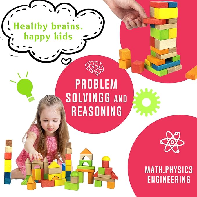 Migargle Wooden Building Blocks Set for Kids - Rainbow Stacker Stacking Game Construction Toys Set Preschool Colorful Learning Educational Toys - Geometry Wooden Blocks for Boys & Girls