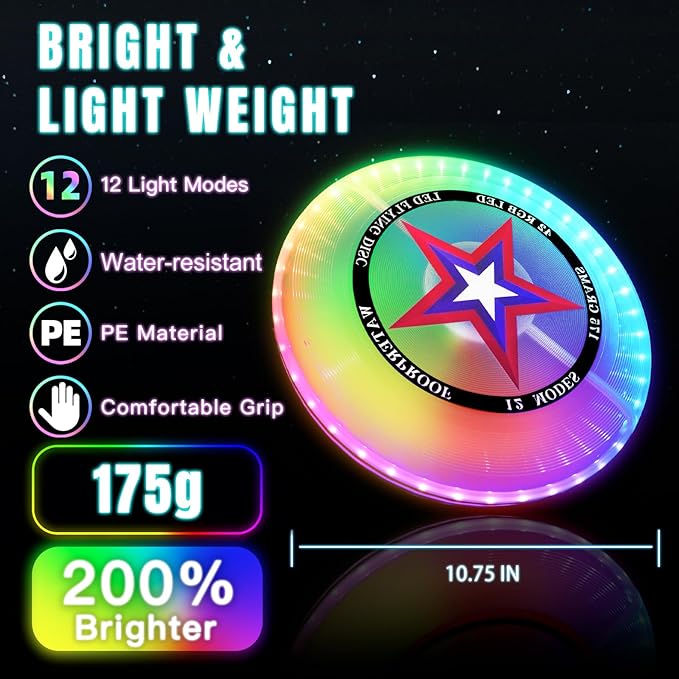 LED Flying Disc with Millions of Colors, 42 LEDs, 175g, 12 Lighting Modes, Rechargeable & Water-resistant, Outdoor Toys for Kids Ages 8-12 Teens Men Boys Adult Beach Toys Camping Lawn Yard Games