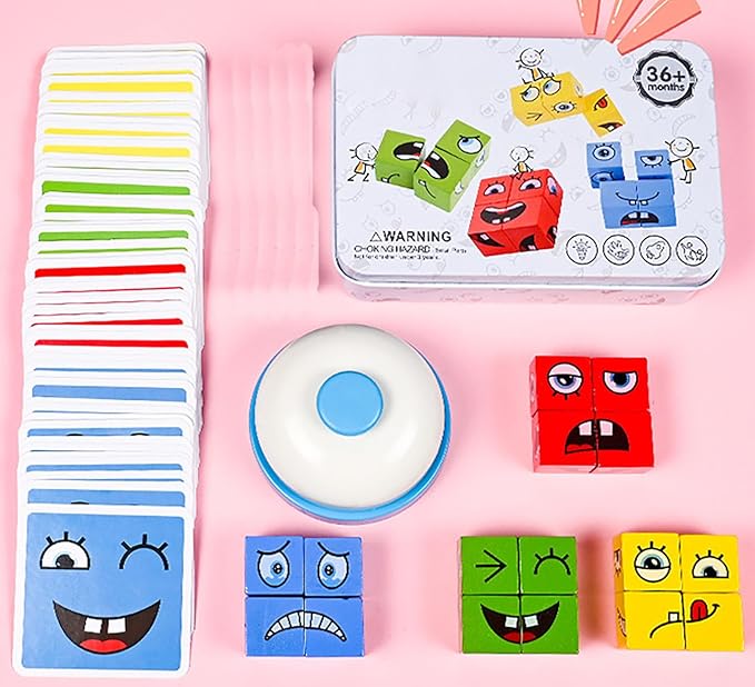 Large Wooden Face Expression Puzzle Building Cubes Manipulatives Face Changing Magic Cube Puzzles Matching Game with Bell Logical Thinking Training Brain Educational Montessori STEM Toys