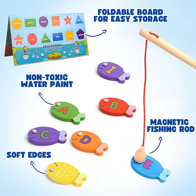 Magnetic Wooden Fishing Game – Interactive ABC Alphabet, Numbers, Shapes & Colors 4-in-1 Learning Board | Montessori Educational Toy for Kids | Complete Set with 36 Fish, 2 Wooden Poles & Board