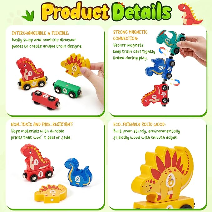 Toyssa Wooden Dinosaur Sorting and Stacking Toys for Toddler 1-3, Number Blocks Nesting Boxes with Magnetic Animals Train Set, Preschool Learning Montessori Toys for 1 2 3 Year Old Boys Girls Gift