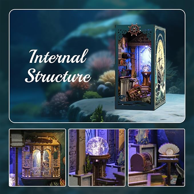 Book Nook Kit - DIY Enchanted Cottage Miniature House for Adults & Teens, 3D Wooden Puzzle Booknook with LED Lights, Bookshelf Insert Decor & Creative Model Building（Riddle On The Sea Floor）