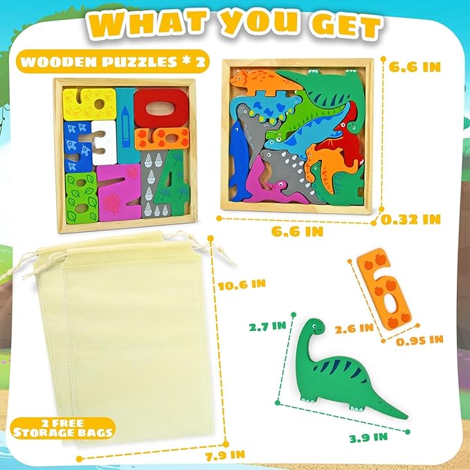 Vileafy 2-in-1 Montessori Toys for Toddlers – Wooden Dinosaur Puzzle and Number Building Blocks for Boys and Girls, Early Educational Pegged Puzzles for Prescgool Toys