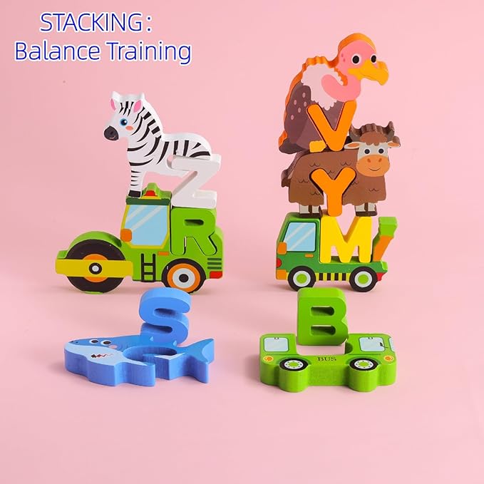 Animal Alphabet Wooden Puzzle - Montessori ABC Learning Toy for Toddlers Ages 3-5, Educational Stacking Blocks with Uppercase Letters - Preschool Learning Activities Toys