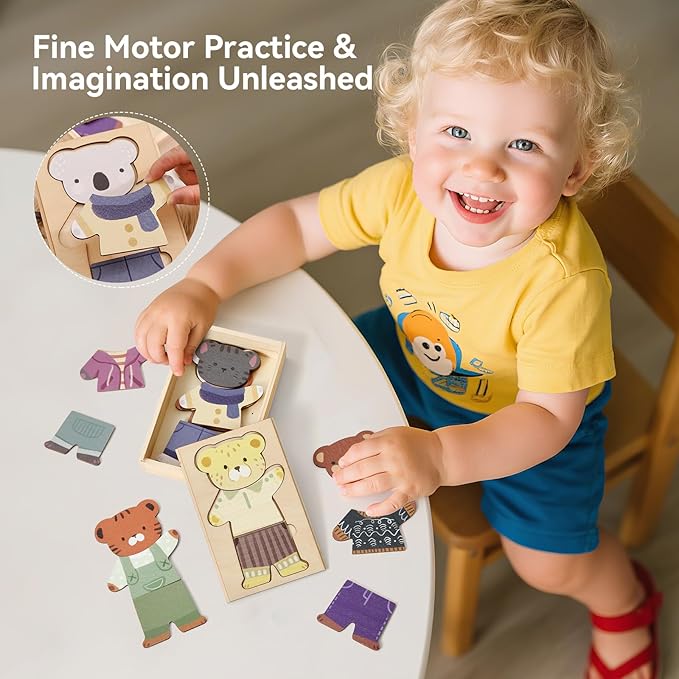 Wooden Animal Dress-Up Puzzle with Storage Box - Mix-and-Match Jigsaw Puzzles for Toddlers Ages 3+, Preschool Montessori Early Education Toy