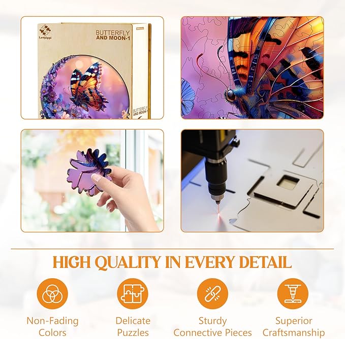 Wooden Puzzles for Adults, Wooden Jigsaw Puzzles for Adults, Butterfly and Moon-1 Unique Shaped Wood Puzzles Adult, Birthday Gifts for Friends Family Game, Home Decor (13.4 * 13.4in 300pcs)