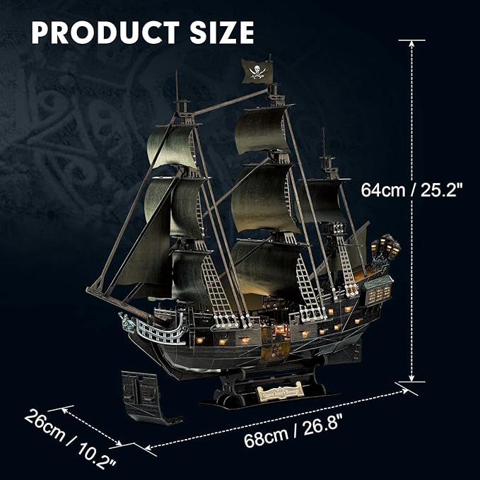 3D Puzzle for Adults Moveable LED Pirate Ship with Detailed Interior Decoration, Large Queen Anne's Revenge Desk Puzzles, Difficult 3D Puzzles with Lights Gifts for Men Women