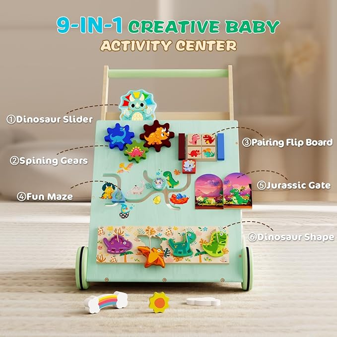 Wooden Baby Walker, Dinosaur Toddler Push Walker, Montessori Learning Activity Center for Boys Girls, Develops Motor Skills Sit-to-Stand Toys Multifunctional Educational Gifts for Kids Infant