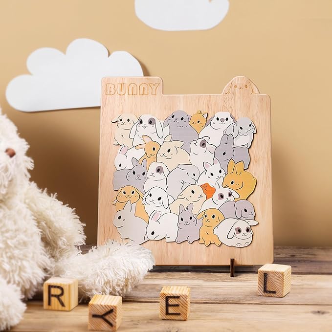 Wooden Bunny Puzzle Game, Wooden Jigsaw Puzzles for Adults Kids, Unique Rabbits Shape Puzzles, Christmas Birthday Gifts for Friends and Family, Bunny Lover Gifts for Home Decor