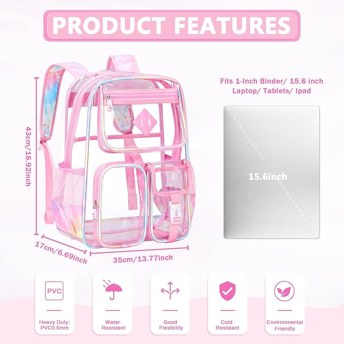 Clear Backpack for School,Heavy Duty PVC Transparent Bookbag for Girls Stadium Approved See Through Backpack